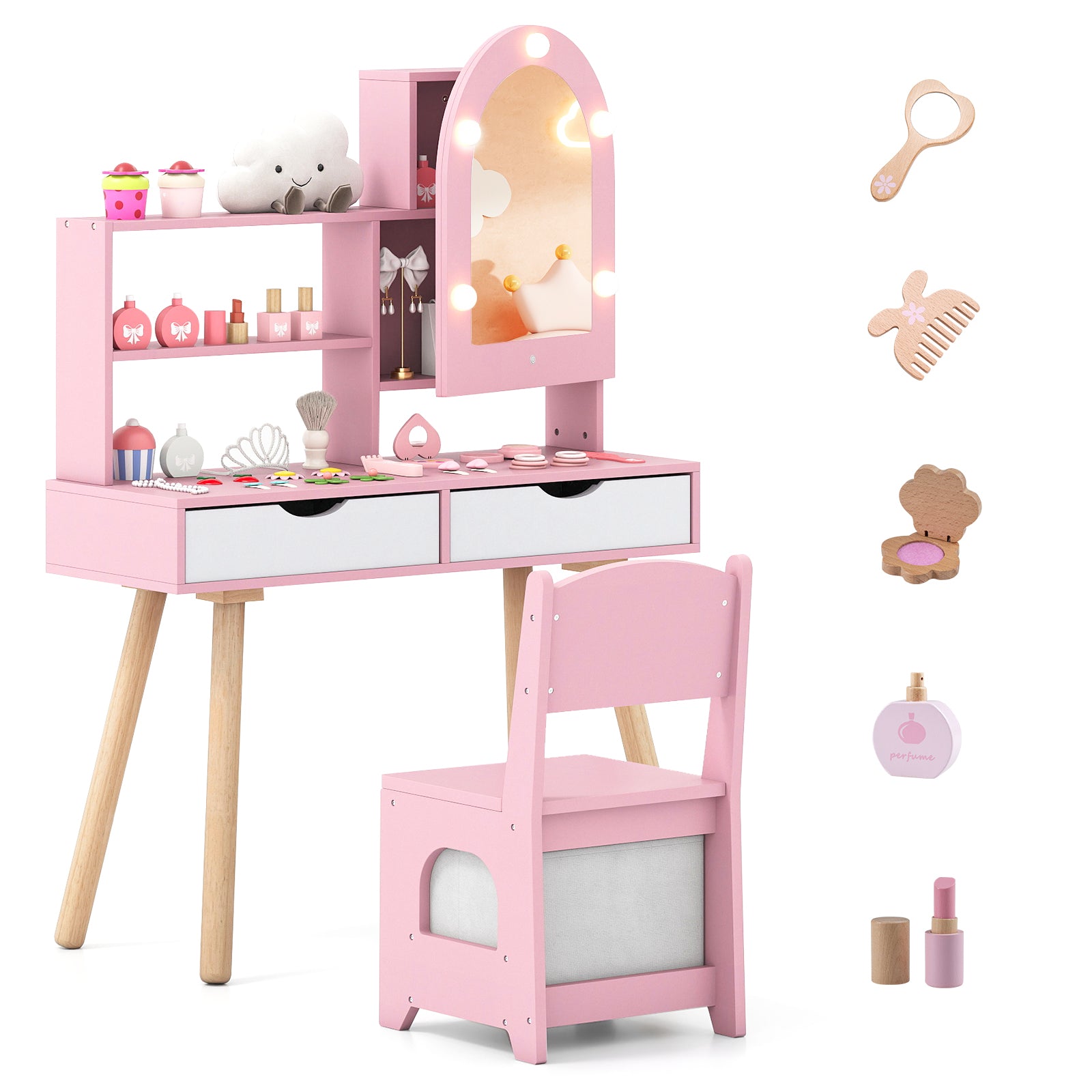 Kids Vanity Set With 3-Color Lighting, Adjustable Brightness, Pink Kids Vanities Pink at Gallery Canada