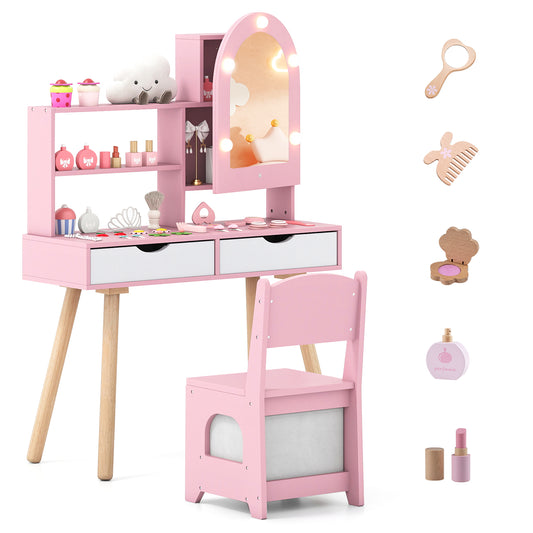 Kids Vanity Set With 3-Color Lighting, Adjustable Brightness, Pink