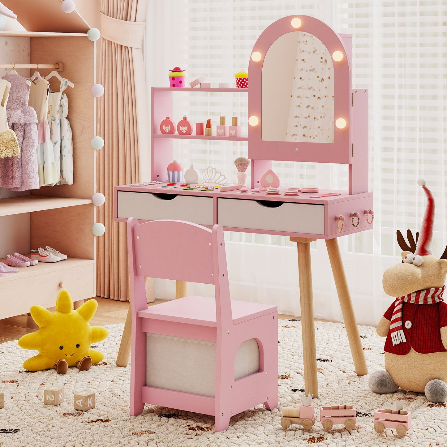 Kids Vanity Set With 3-Color Lighting, Adjustable Brightness, Pink Kids Vanities at Gallery Canada