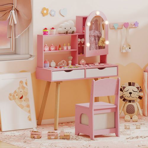 Kids Vanity Set With 3-Color Lighting, Adjustable Brightness, Pink