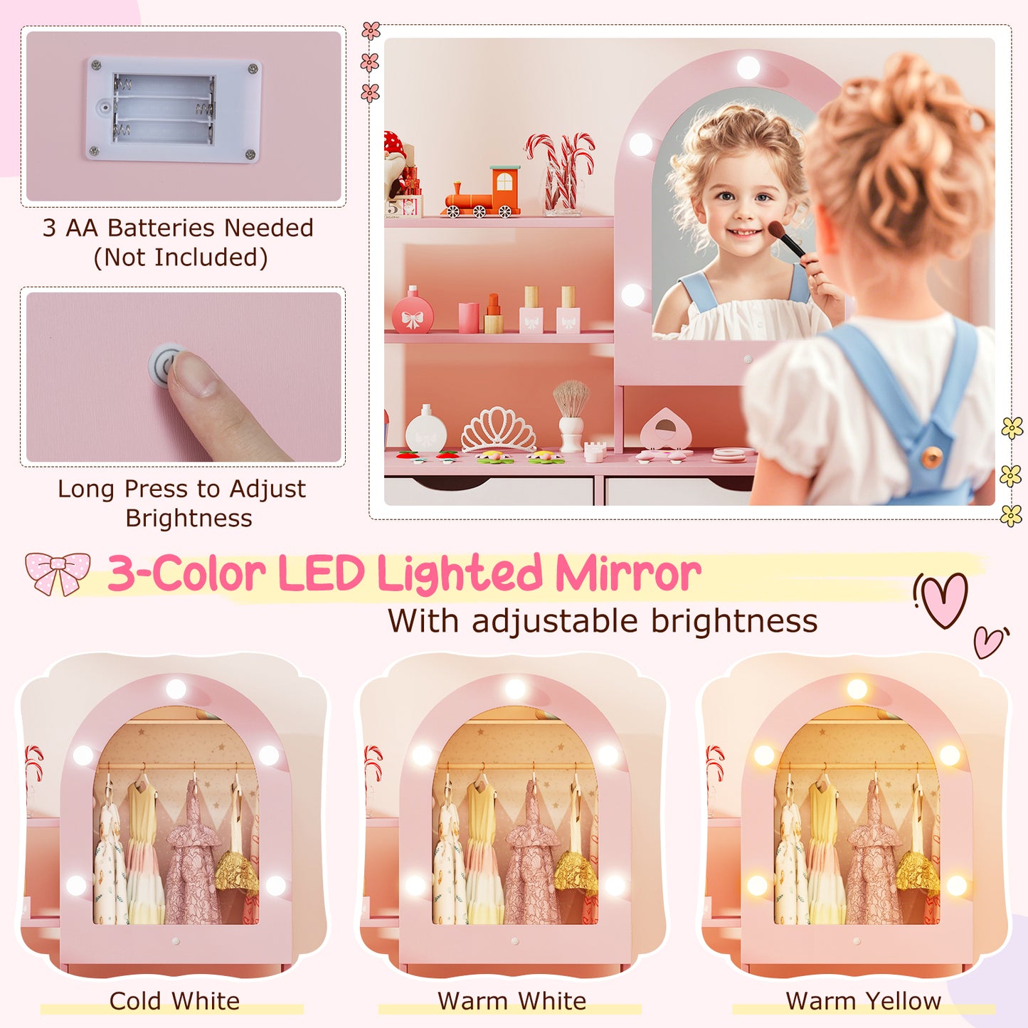 Kids Vanity Set With 3-Color Lighting, Adjustable Brightness, Pink Kids Vanities at Gallery Canada