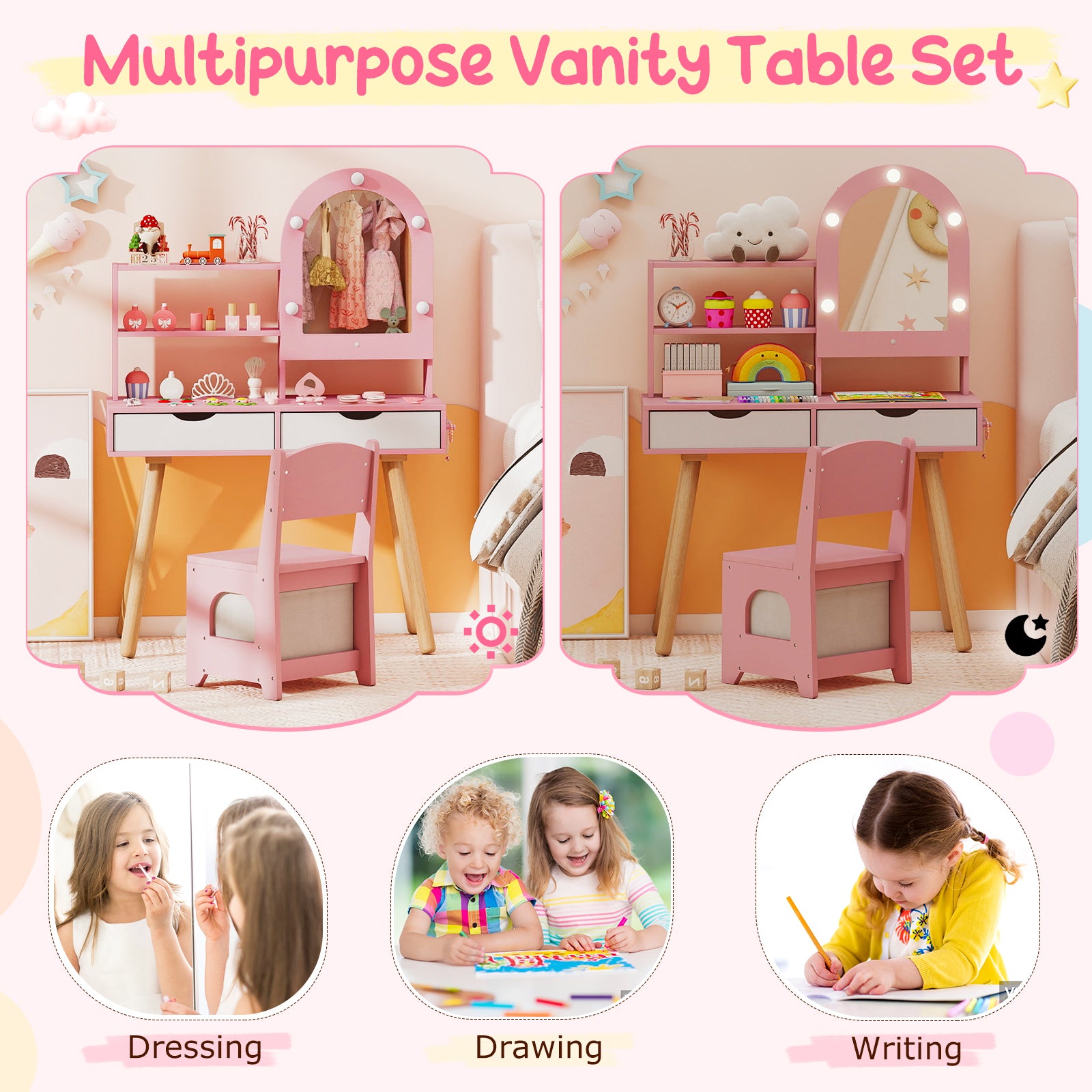 Kids Vanity Set With 3-Color Lighting, Adjustable Brightness, Pink Kids Vanities at Gallery Canada