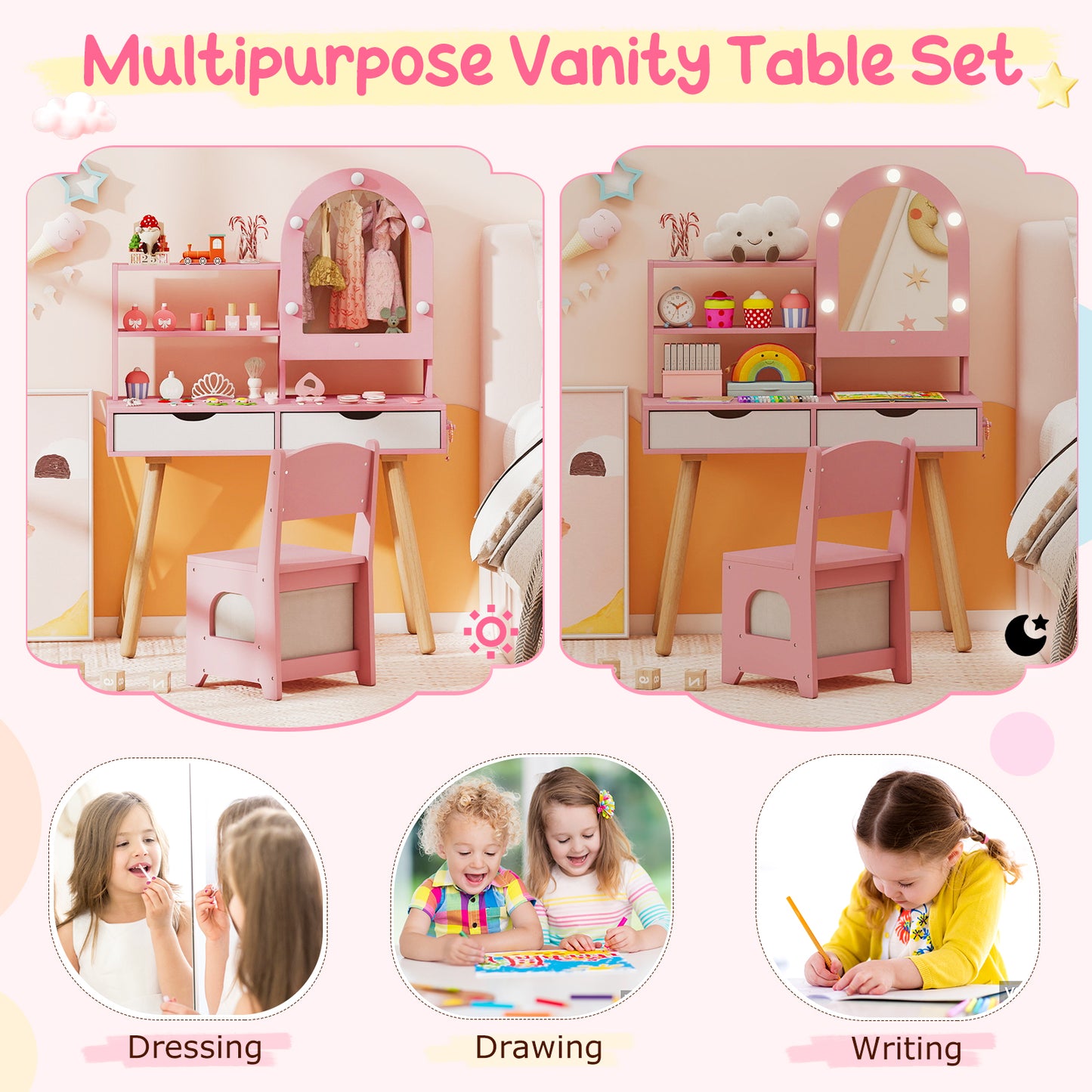 Kids Vanity Set With 3-Color Lighting, Adjustable Brightness, Pink Kids Vanities at Gallery Canada