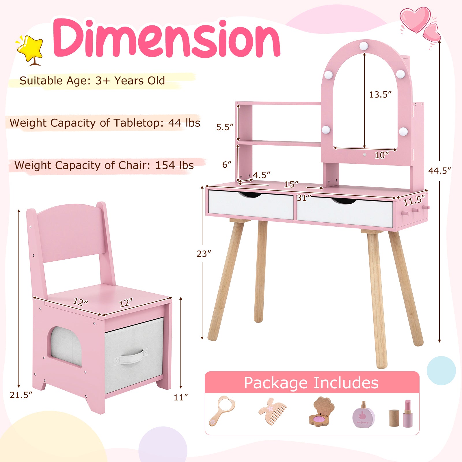 Kids Vanity Set With 3-Color Lighting, Adjustable Brightness, Pink Kids Vanities at Gallery Canada