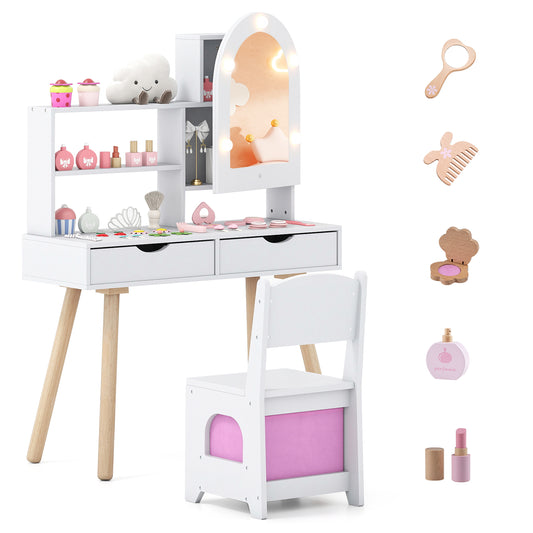 Kids Vanity Set With Lighting, Adjustable Brightness, Mirror Cabinet, White, 3-Color