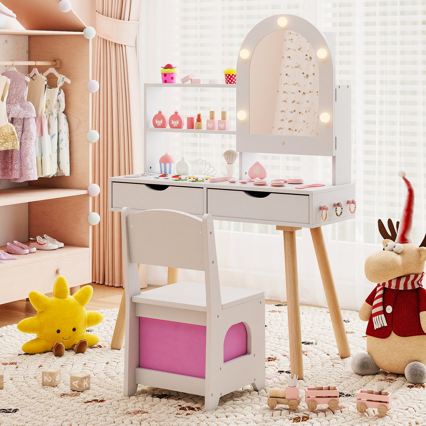 Kids Vanity Set With Lighting, Adjustable Brightness, Mirror Cabinet, White, 3-Color Kids Vanities at Gallery Canada