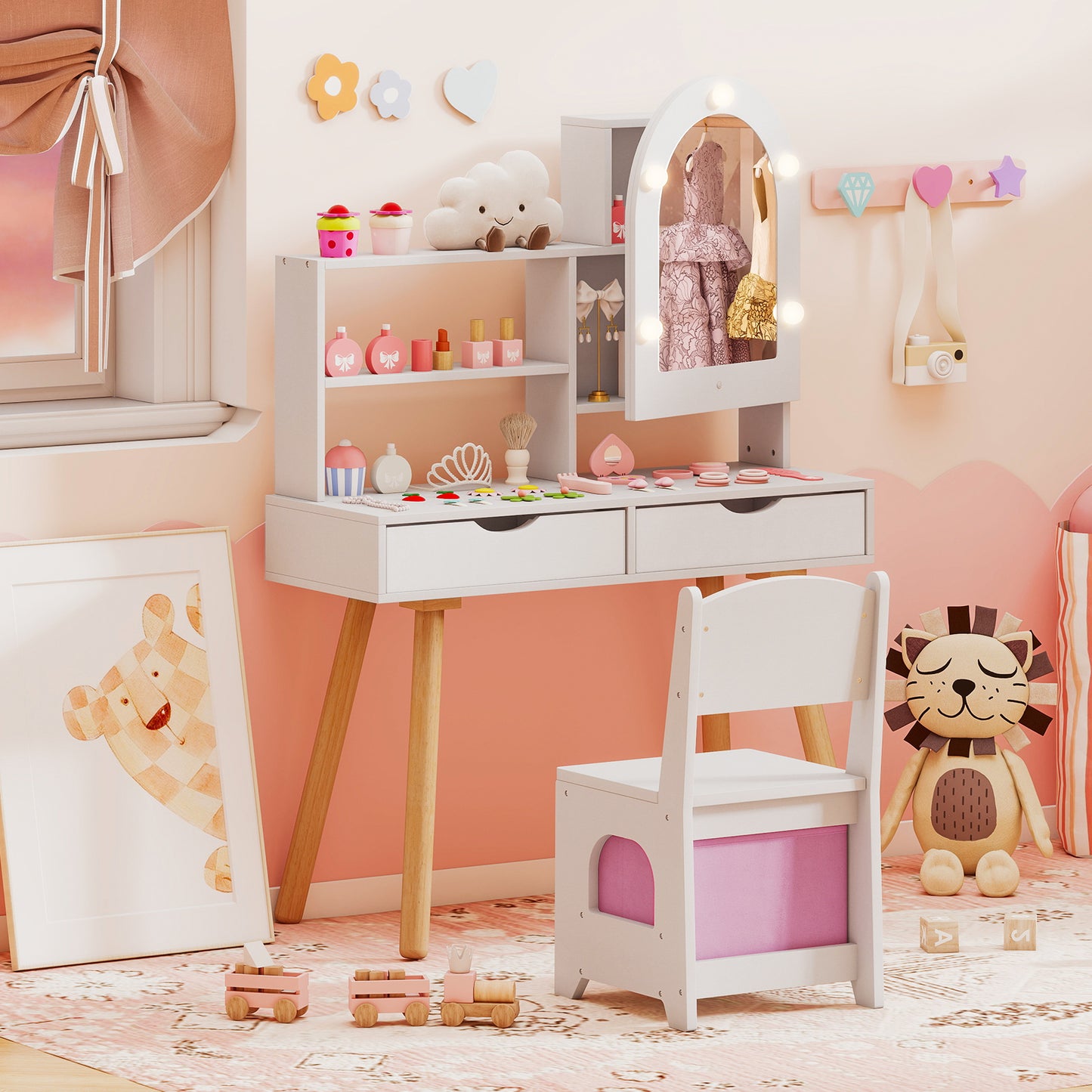 Kids Vanity Set With Lighting, Adjustable Brightness, Mirror Cabinet, White, 3-Color Kids Vanities at Gallery Canada