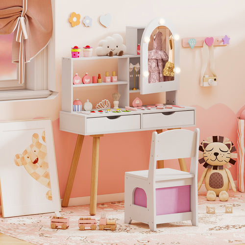Kids Vanity Set With Lighting, Adjustable Brightness, Mirror Cabinet, White, 3-Color