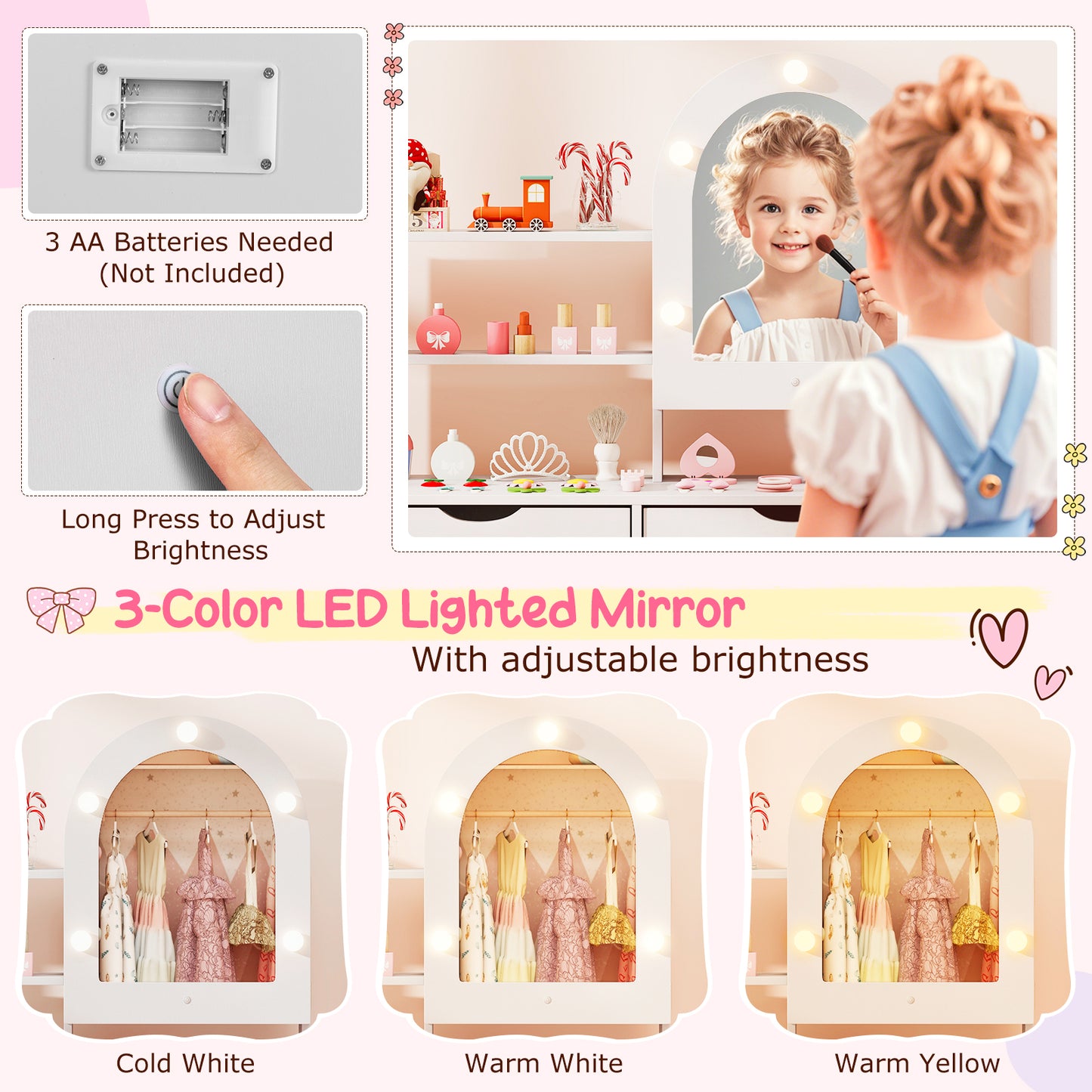 Kids Vanity Set With Lighting, Adjustable Brightness, Mirror Cabinet, White, 3-Color Kids Vanities at Gallery Canada
