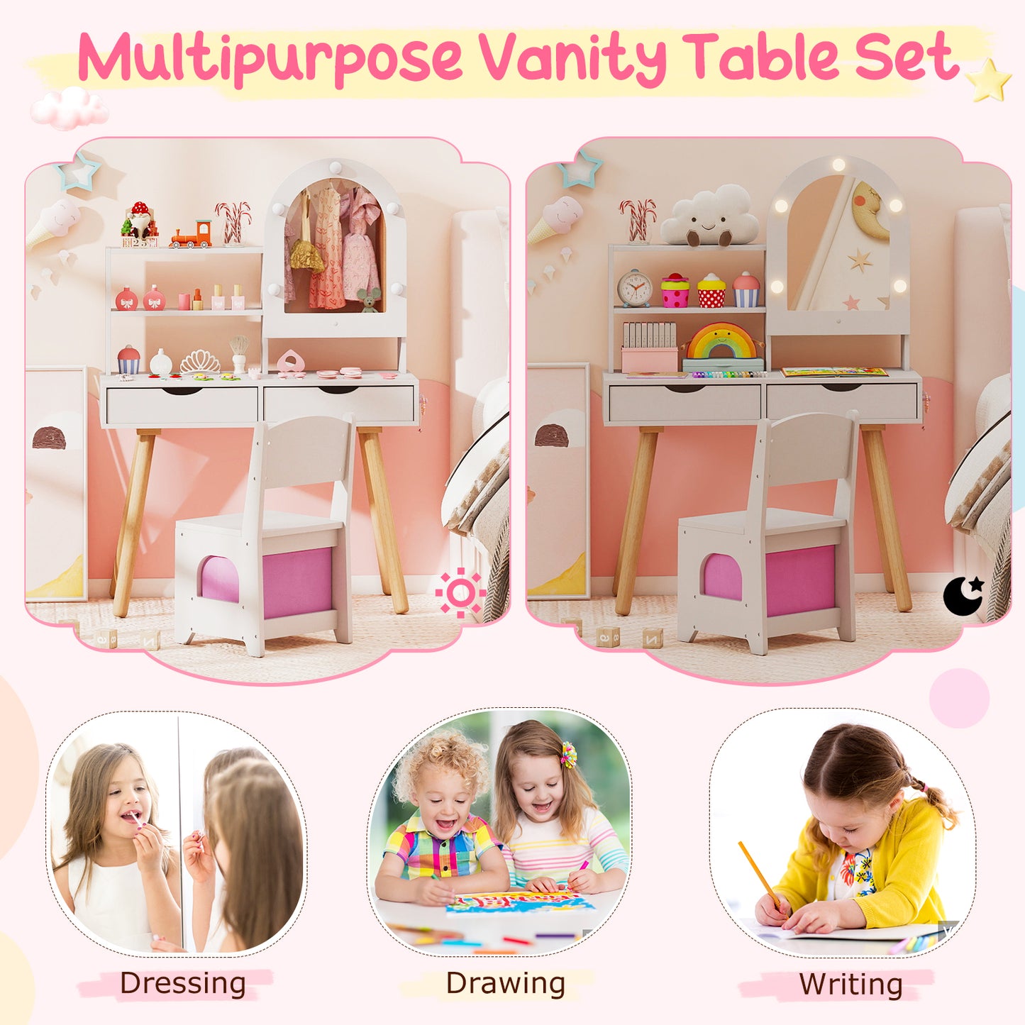 Kids Vanity Set With Lighting, Adjustable Brightness, Mirror Cabinet, White, 3-Color Kids Vanities at Gallery Canada