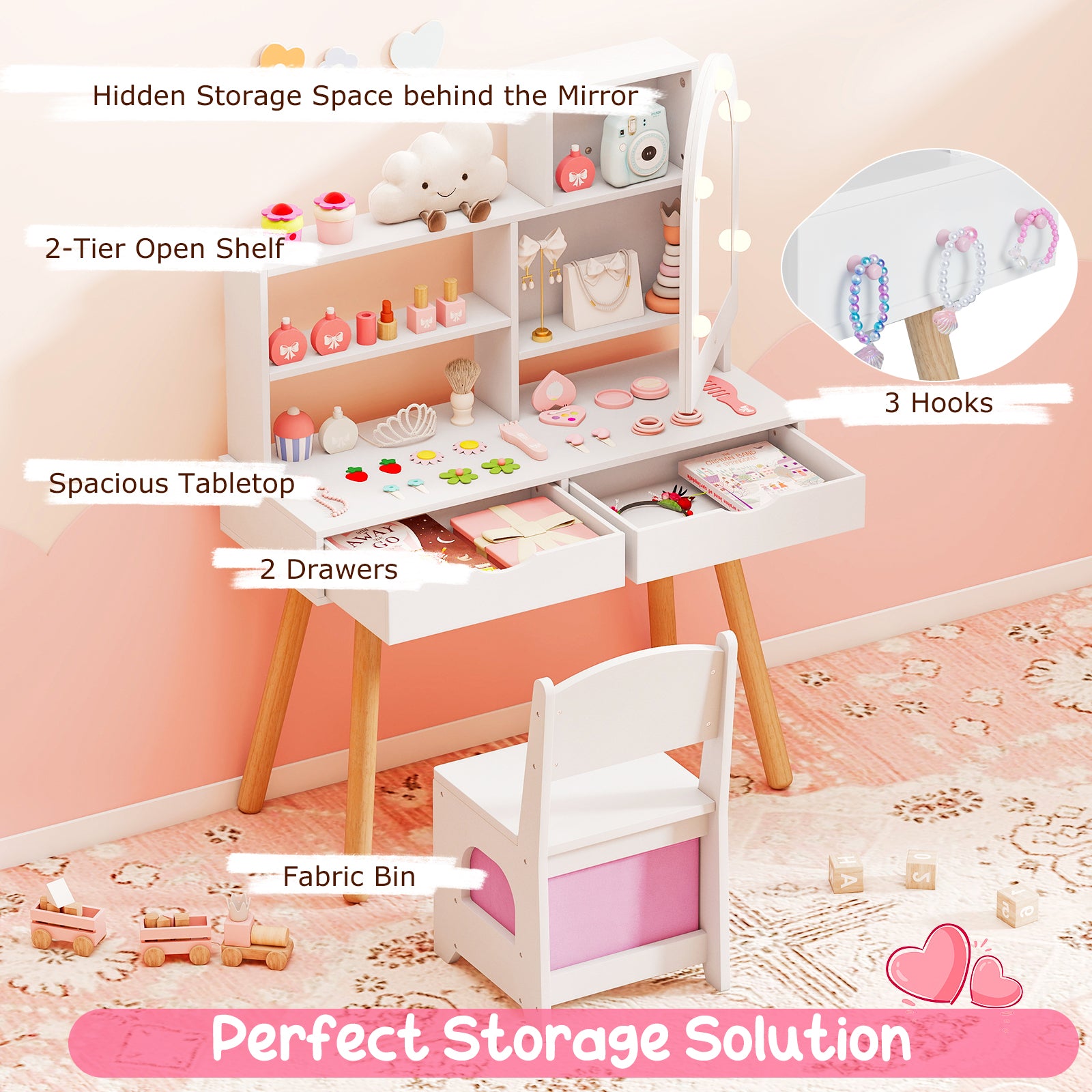 Kids Vanity Set With Lighting, Adjustable Brightness, Mirror Cabinet, White, 3-Color Kids Vanities at Gallery Canada