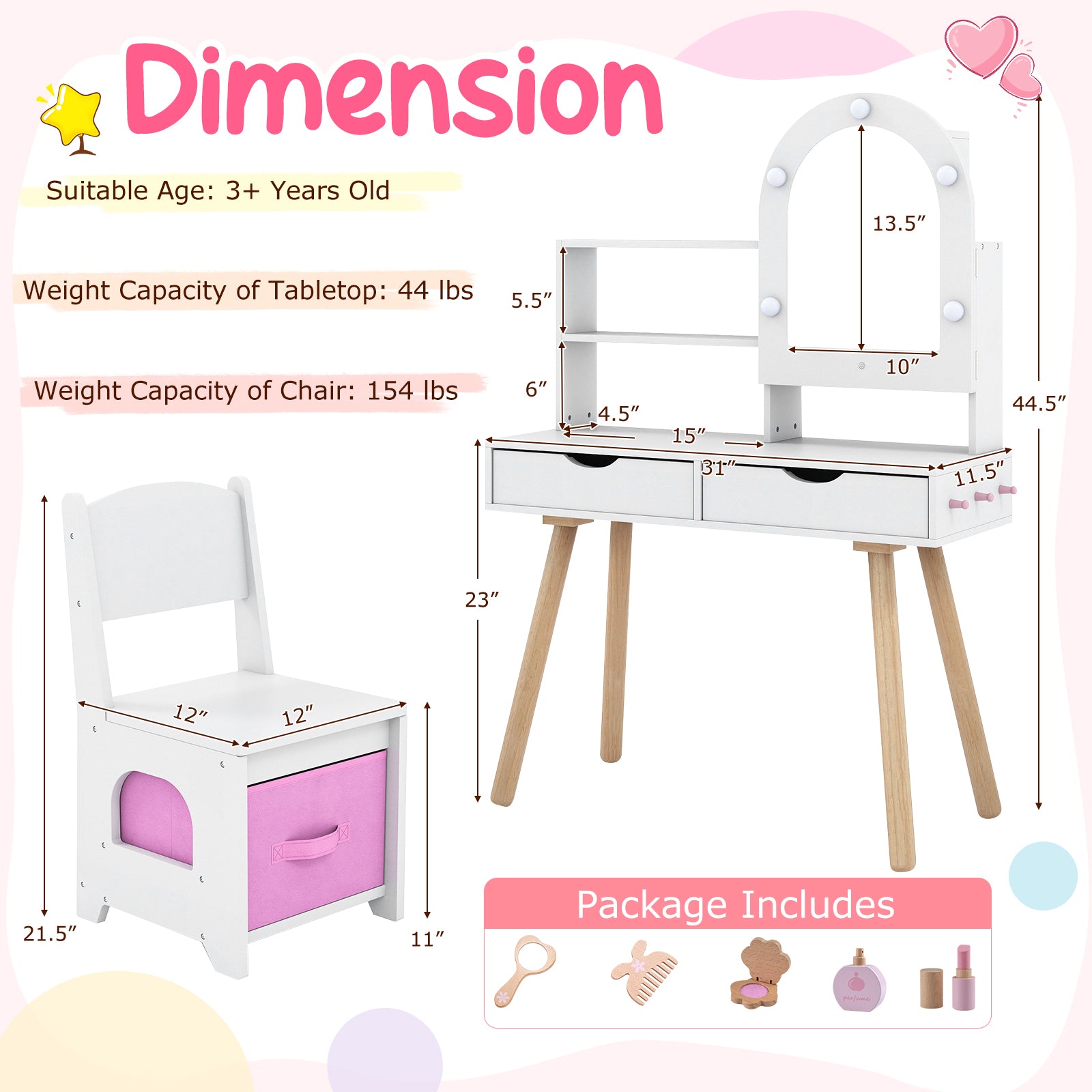 Kids Vanity Set With Lighting, Adjustable Brightness, Mirror Cabinet, White, 3-Color Kids Vanities at Gallery Canada