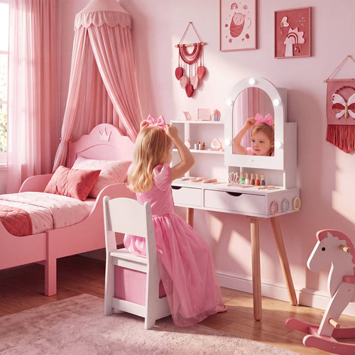 Kids Vanity Set, Pretend Play Dressing Table, Mirror Cabinet, White