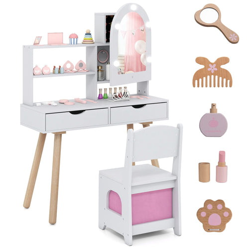 Kids Vanity Set, Pretend Play Dressing Table, Mirror Cabinet, White