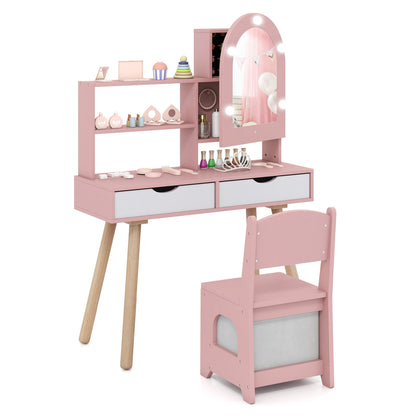 Kids Vanity Set Play Table with 3-Color Lights, Mirror Cabinet, Pink