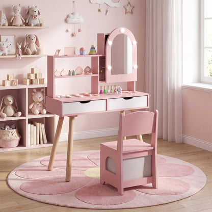 Kids Vanity Set Play Table with 3-Color Lights, Mirror Cabinet, Pink