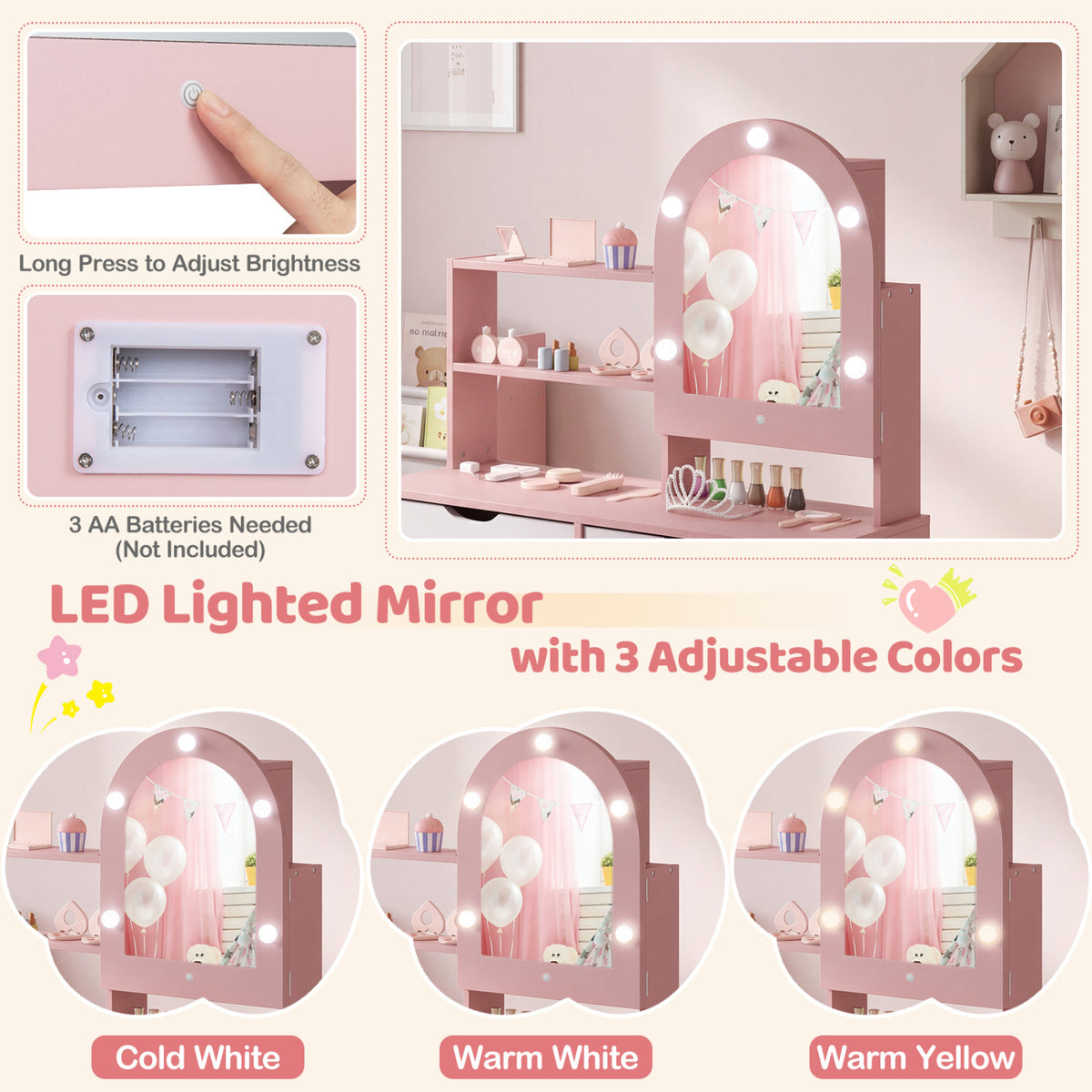 Kids Vanity Set Play Table with 3-Color Lights, Mirror Cabinet, Pink