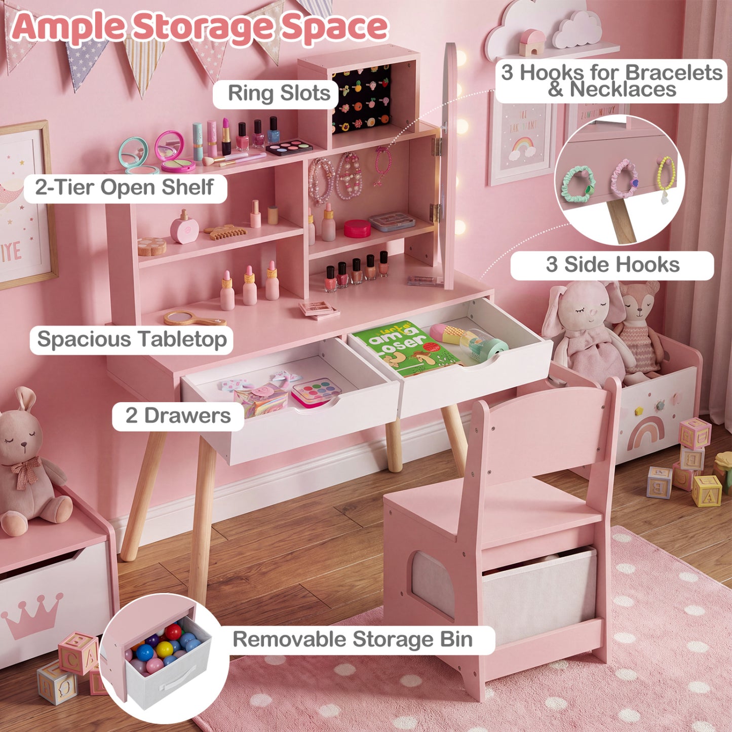 Kids Vanity Set Play Table with 3-Color Lights, Mirror Cabinet, Pink