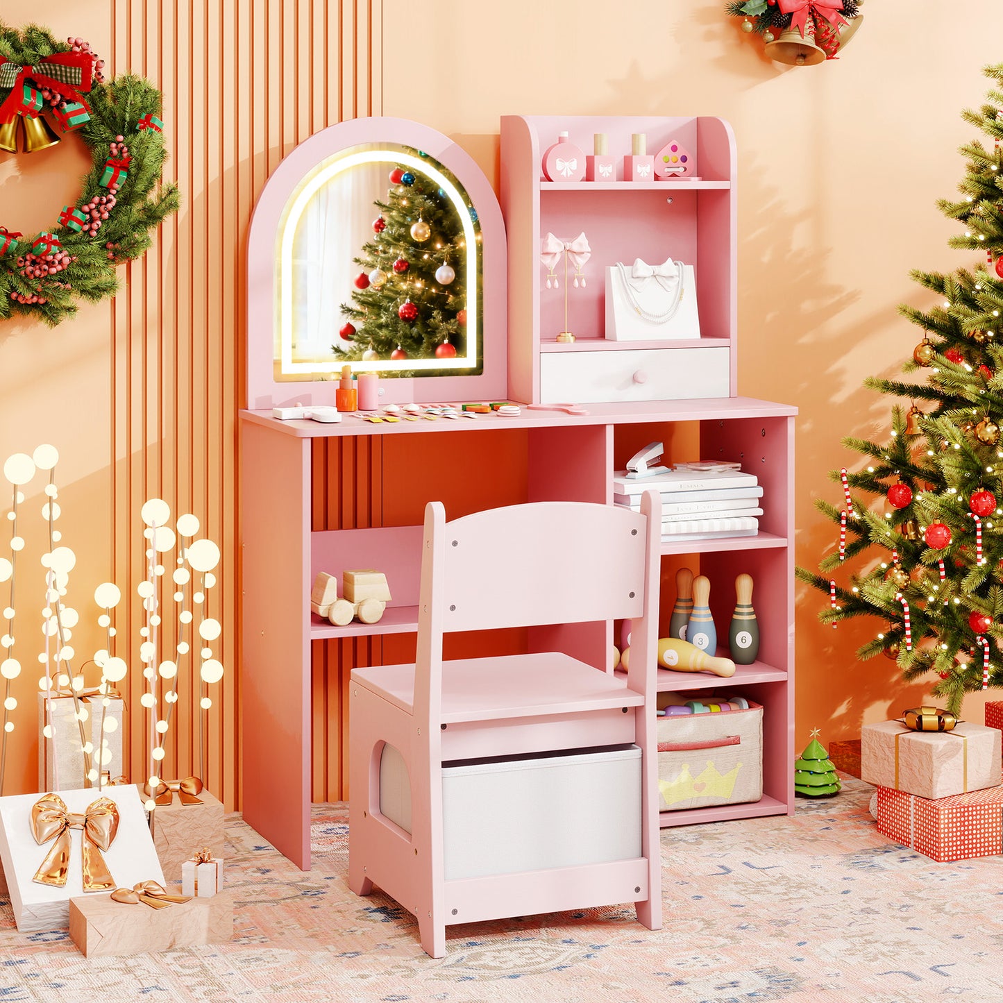 Kids Vanity Set Princess Girls Makeup Vanity Desk with Chair and 3-Color LED Lighted Mirror, Pink