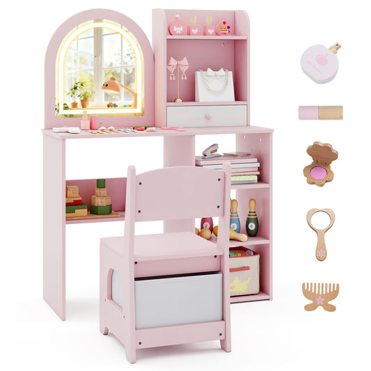 Kids Vanity Set Princess Girls Makeup Vanity Desk with Chair and 3-Color LED Lighted Mirror, Pink