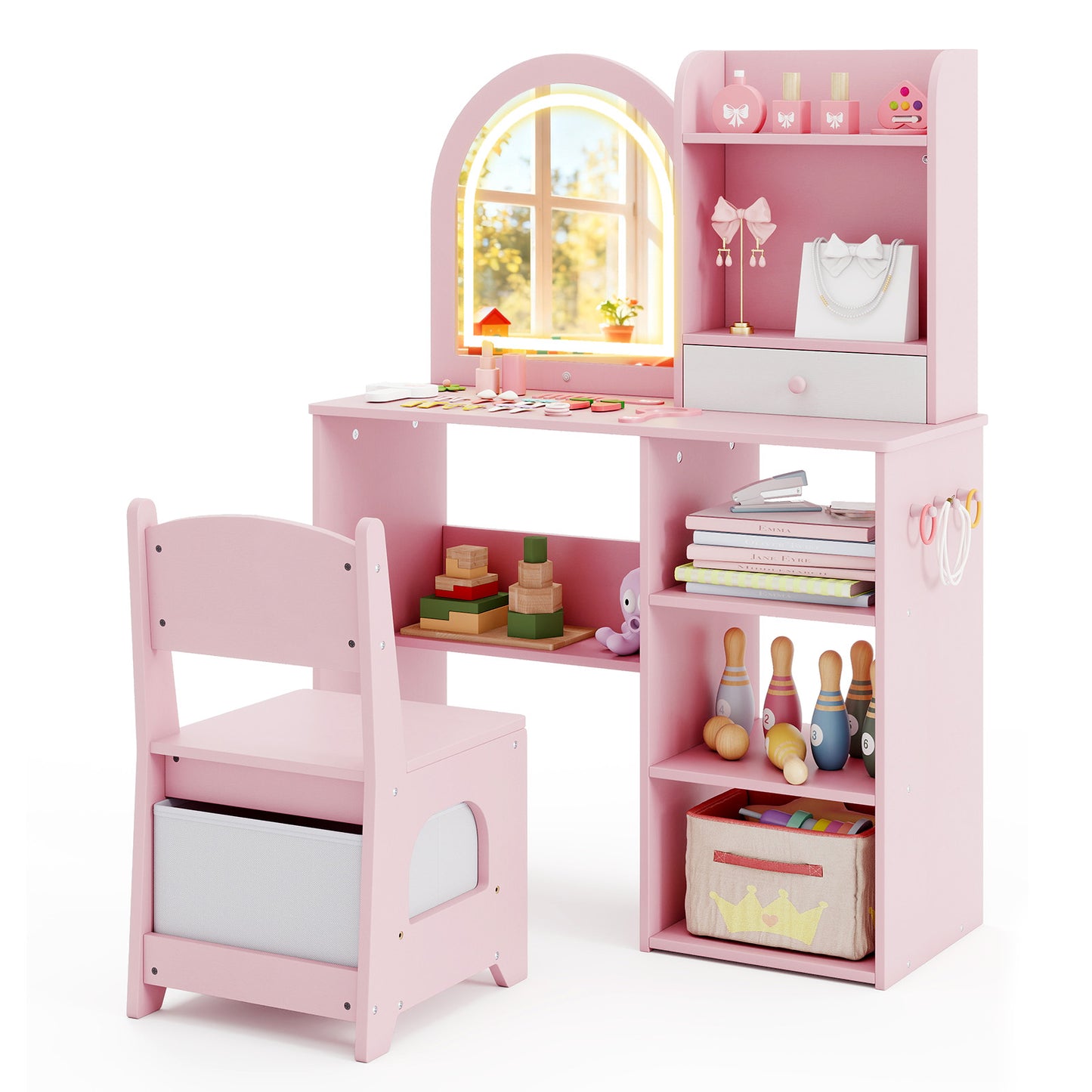 Kids Vanity Set Princess Girls Makeup Vanity Desk with Chair and 3-Color LED Lighted Mirror, Pink