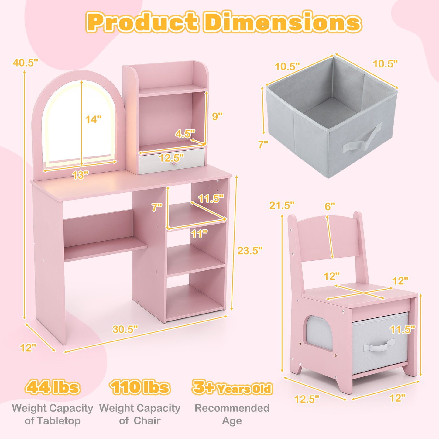 Kids Vanity Set Princess Girls Makeup Vanity Desk with Chair and 3-Color LED Lighted Mirror, Pink