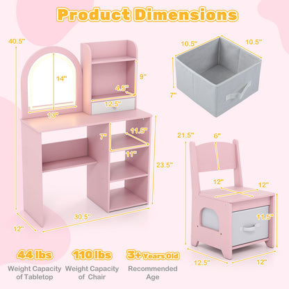 Kids Vanity Set Princess Girls Makeup Vanity Desk with Chair and 3-Color LED Lighted Mirror, Pink