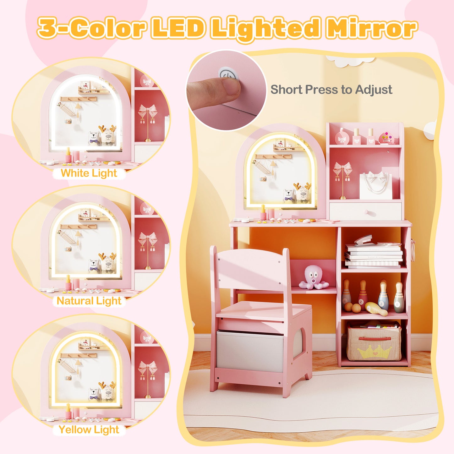Kids Vanity Set Princess Girls Makeup Vanity Desk with Chair and 3-Color LED Lighted Mirror, Pink