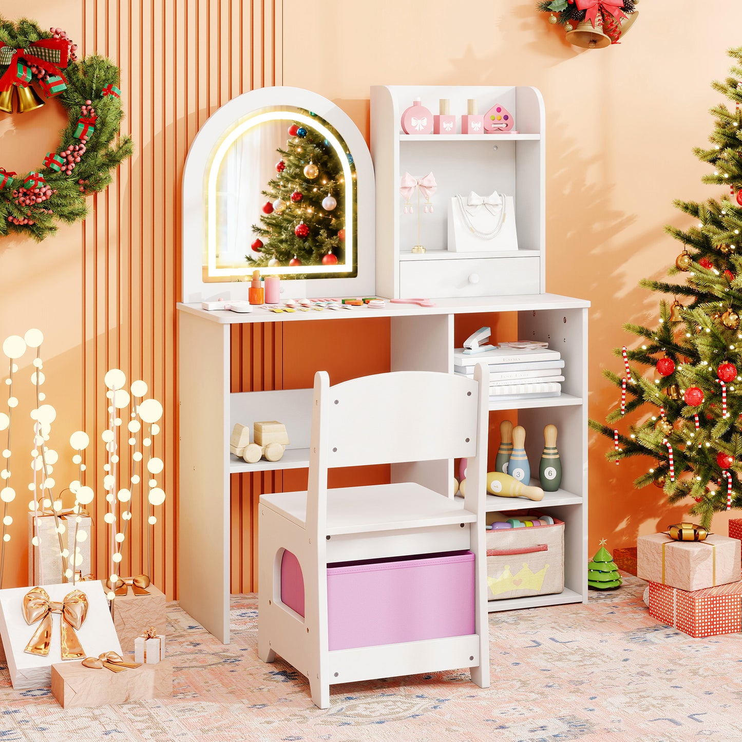 Kids Vanity Set Princess Girls Makeup Vanity Desk with Chair and 3-Color LED Lighted Mirror, White