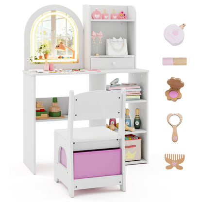 Kids Vanity Set Princess Girls Makeup Vanity Desk with Chair and 3-Color LED Lighted Mirror, White