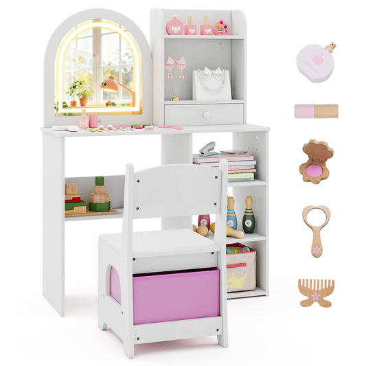 Kids Vanity Set Princess Girls Makeup Vanity Desk with Chair and 3-Color LED Lighted Mirror, White