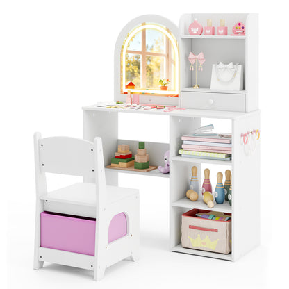 Kids Vanity Set Princess Girls Makeup Vanity Desk with Chair and 3-Color LED Lighted Mirror, White