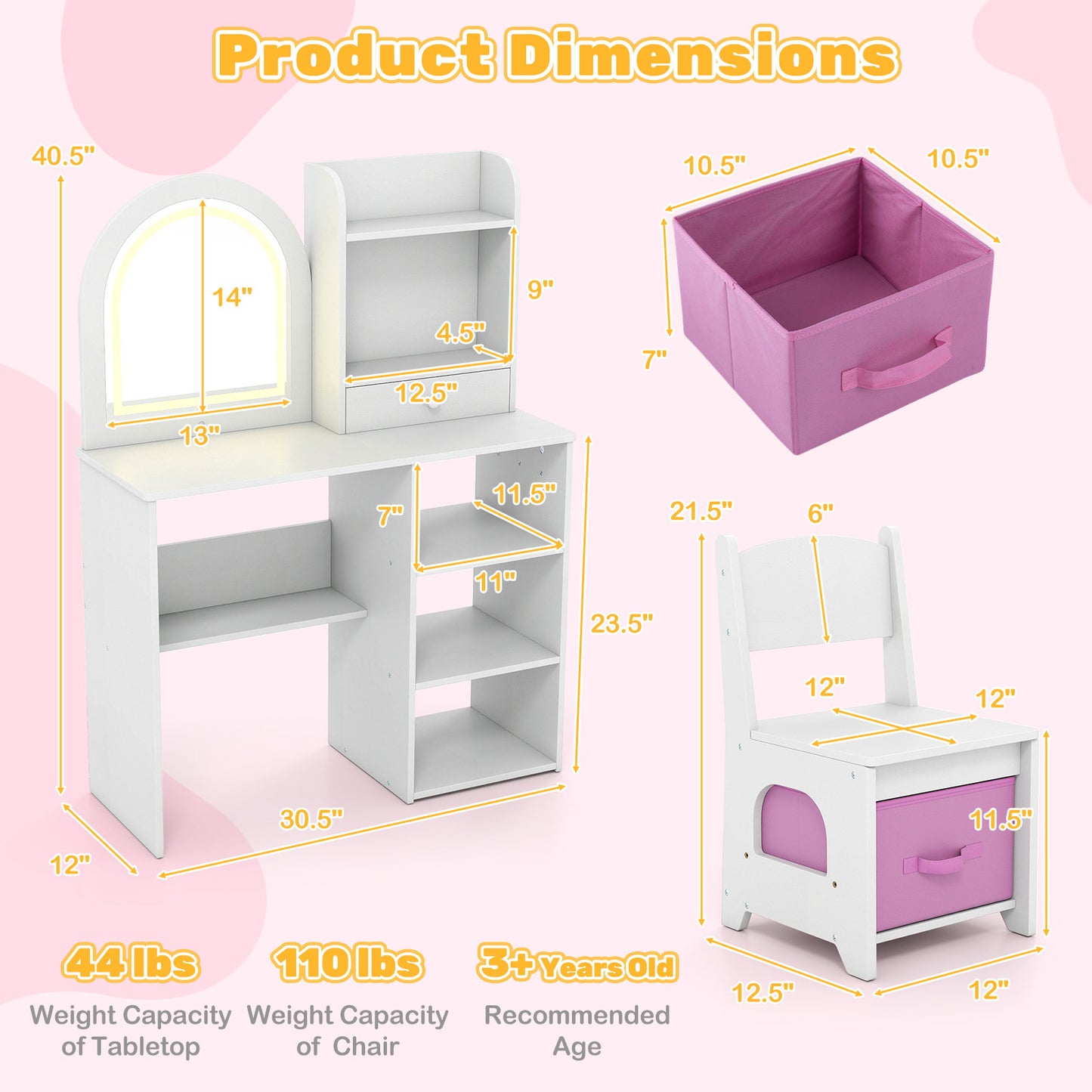 Kids Vanity Set Princess Girls Makeup Vanity Desk with Chair and 3-Color LED Lighted Mirror, White