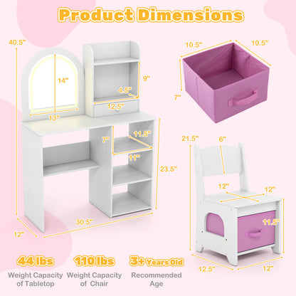 Kids Vanity Set Princess Girls Makeup Vanity Desk with Chair and 3-Color LED Lighted Mirror, White
