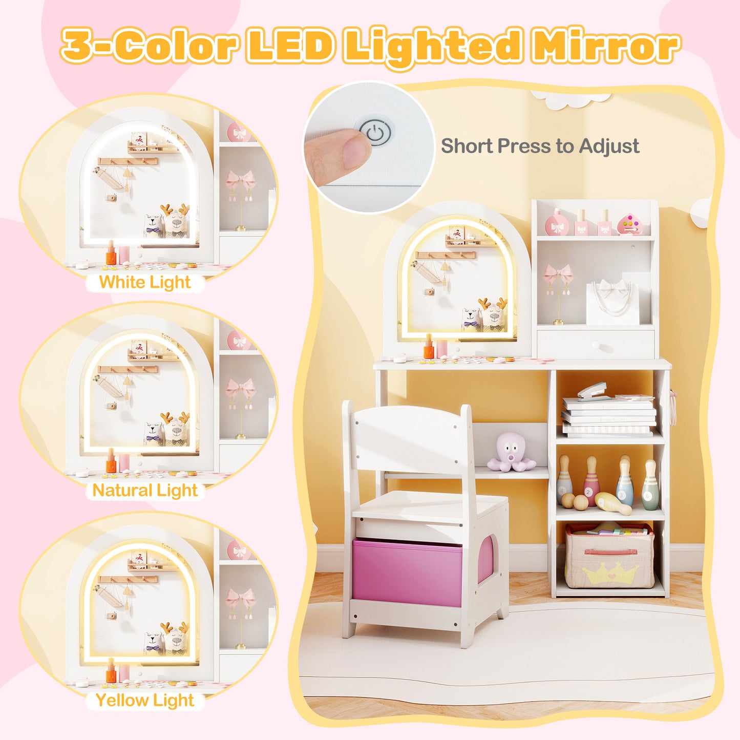 Kids Vanity Set Princess Girls Makeup Vanity Desk with Chair and 3-Color LED Lighted Mirror, White