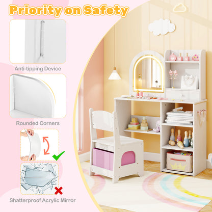 Kids Vanity Set Princess Girls Makeup Vanity Desk with Chair and 3-Color LED Lighted Mirror, White