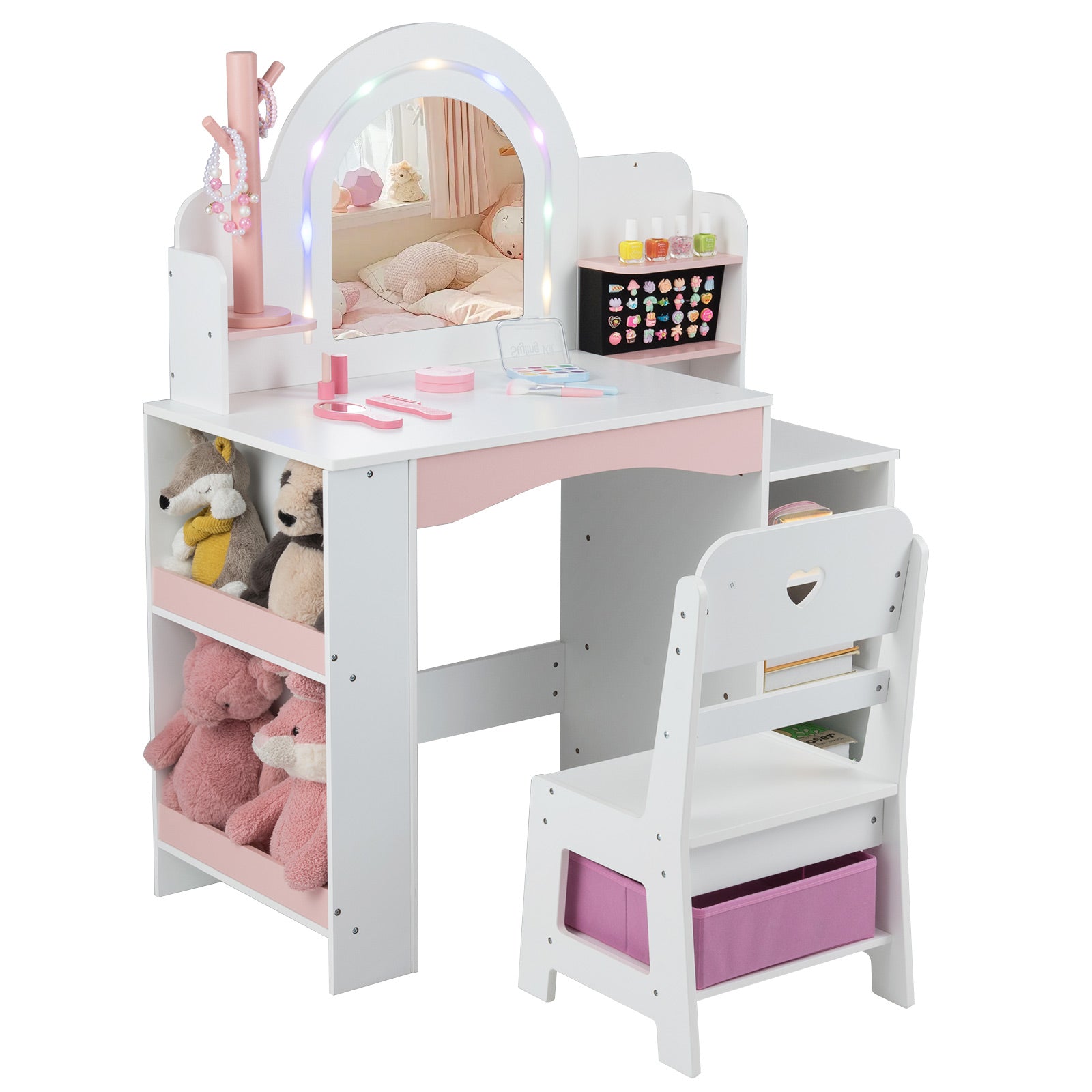 Kids Vanity Set with Colorful LED Lights Princess Makeup Dressing Table with Chair, White Kids Vanities White at Gallery Canada