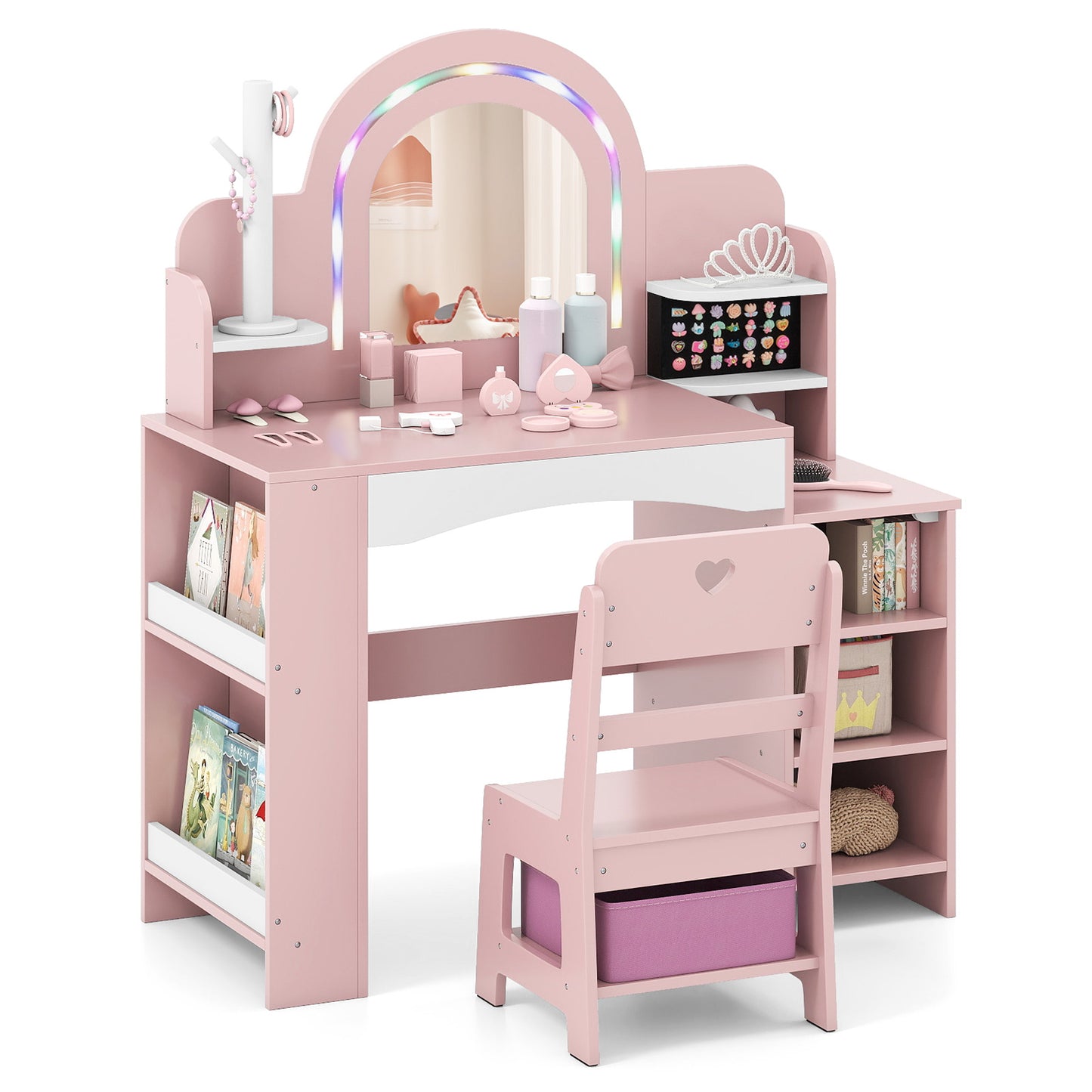 Kids Vanity Set with Colorful LED Lights Princess Makeup Dressing Table with Chair, Pink Kids Vanities Pink at Gallery Canada