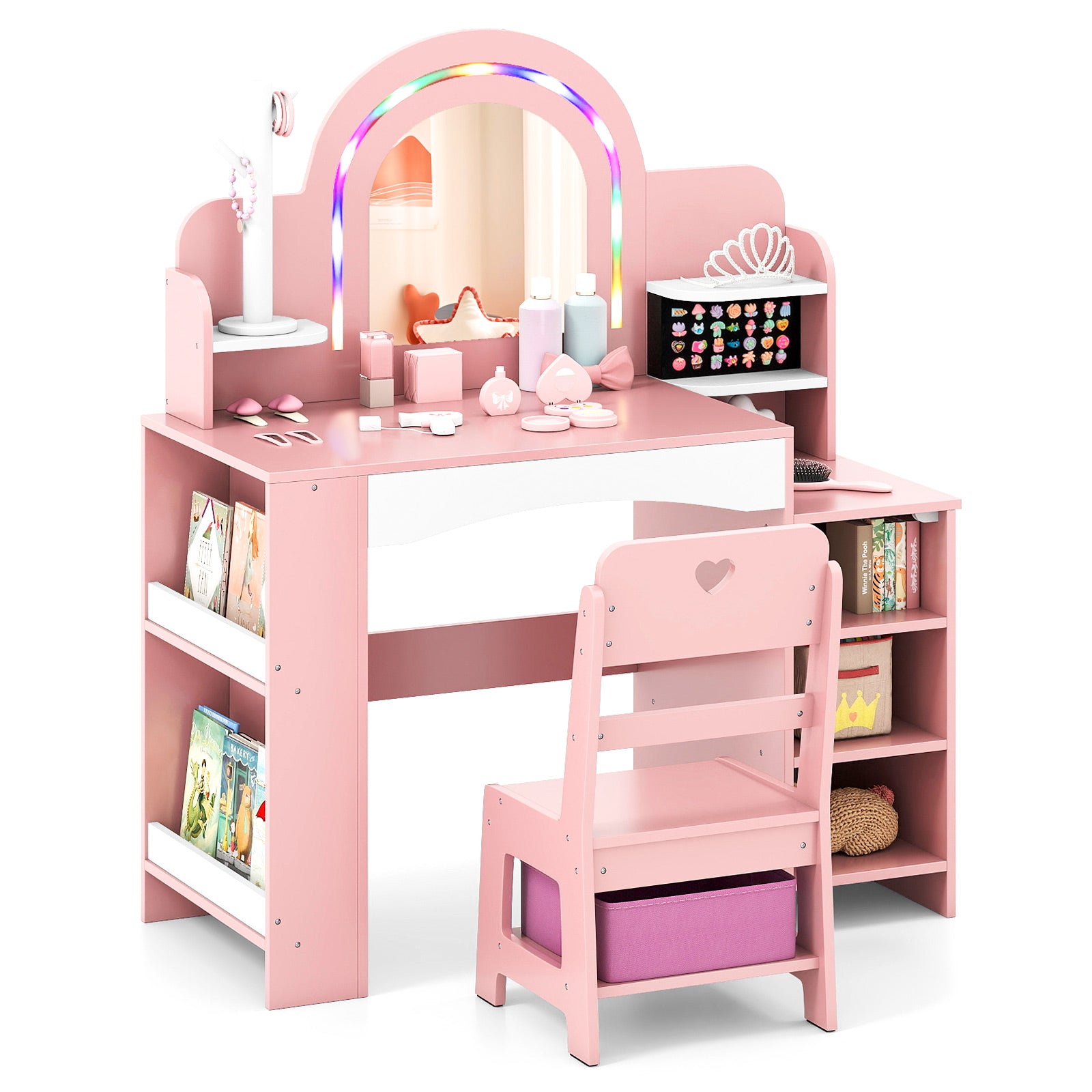 Kids Vanity Set with Colorful LED Lights Princess Makeup Dressing Table with Chair, Pink Kids Vanities Pink at Gallery Canada