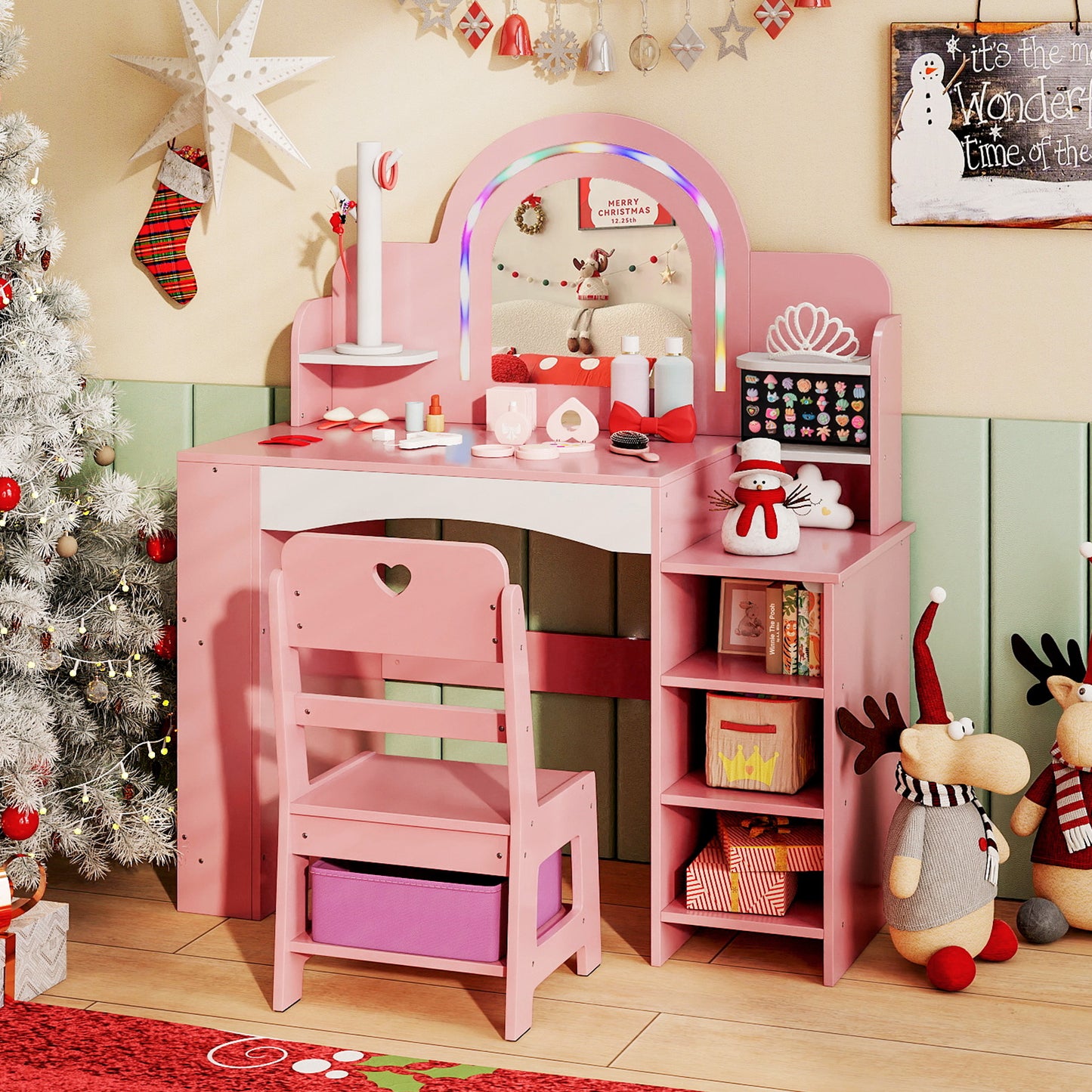 Kids Vanity Set with Colorful LED Lights Princess Makeup Dressing Table with Chair, Pink Kids Vanities at Gallery Canada