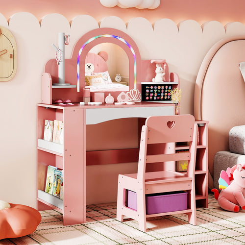 Kids Vanity Set with Colorful LED Lights Princess Makeup Dressing Table with Chair, Pink