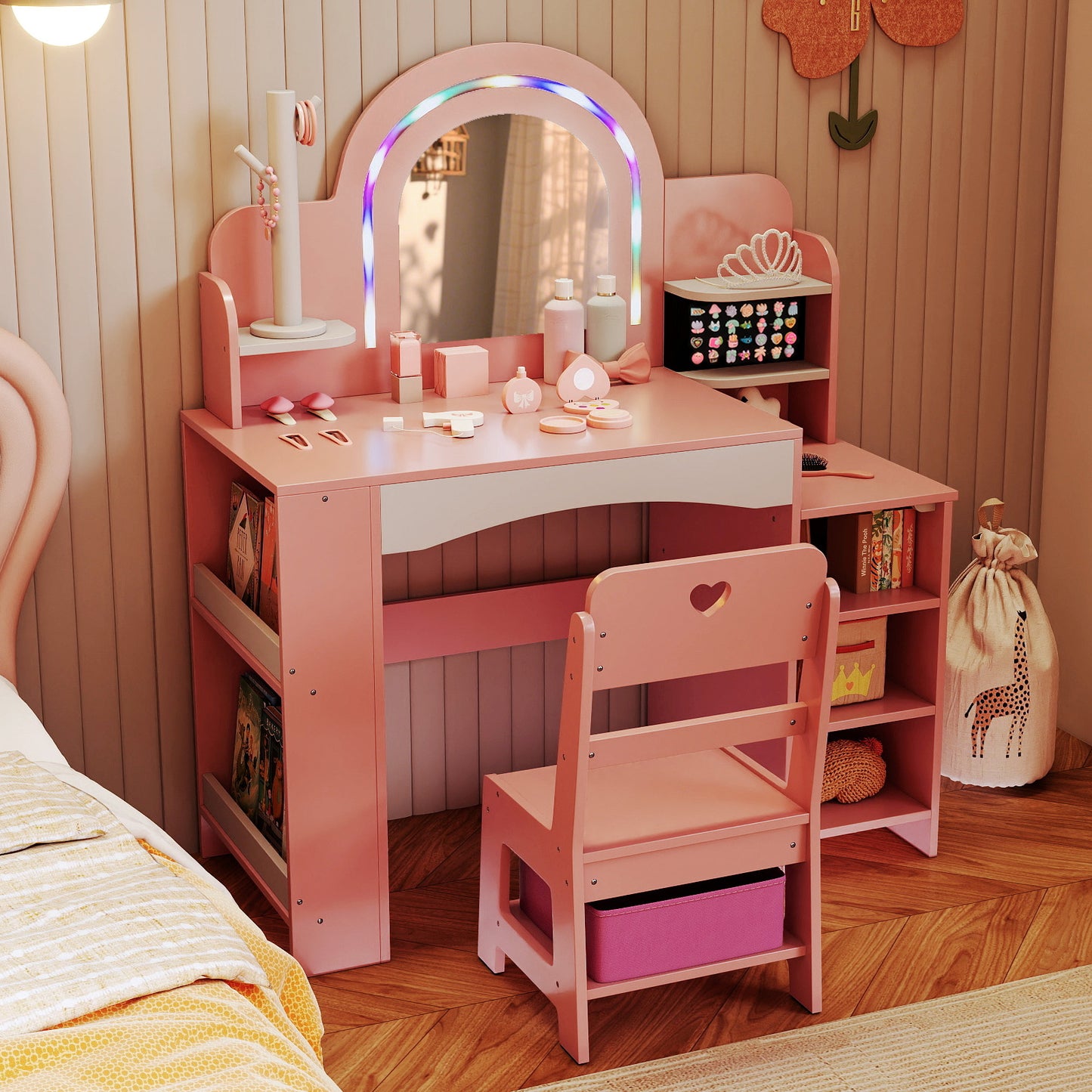 Kids Vanity Set with Colorful LED Lights Princess Makeup Dressing Table with Chair, Pink Kids Vanities at Gallery Canada