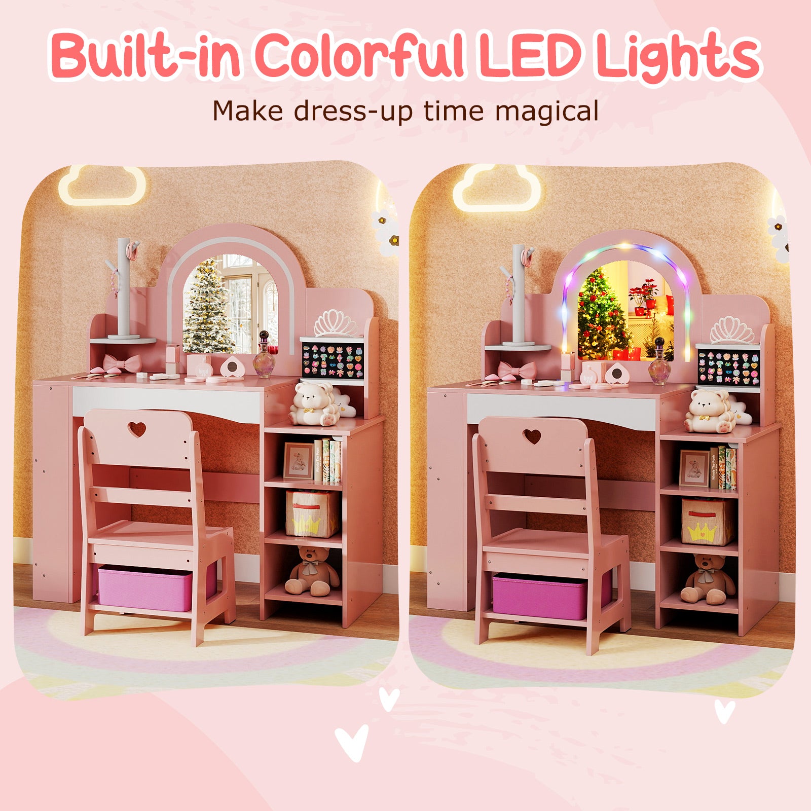 Kids Vanity Set with Colorful LED Lights Princess Makeup Dressing Table with Chair, Pink Kids Vanities at Gallery Canada