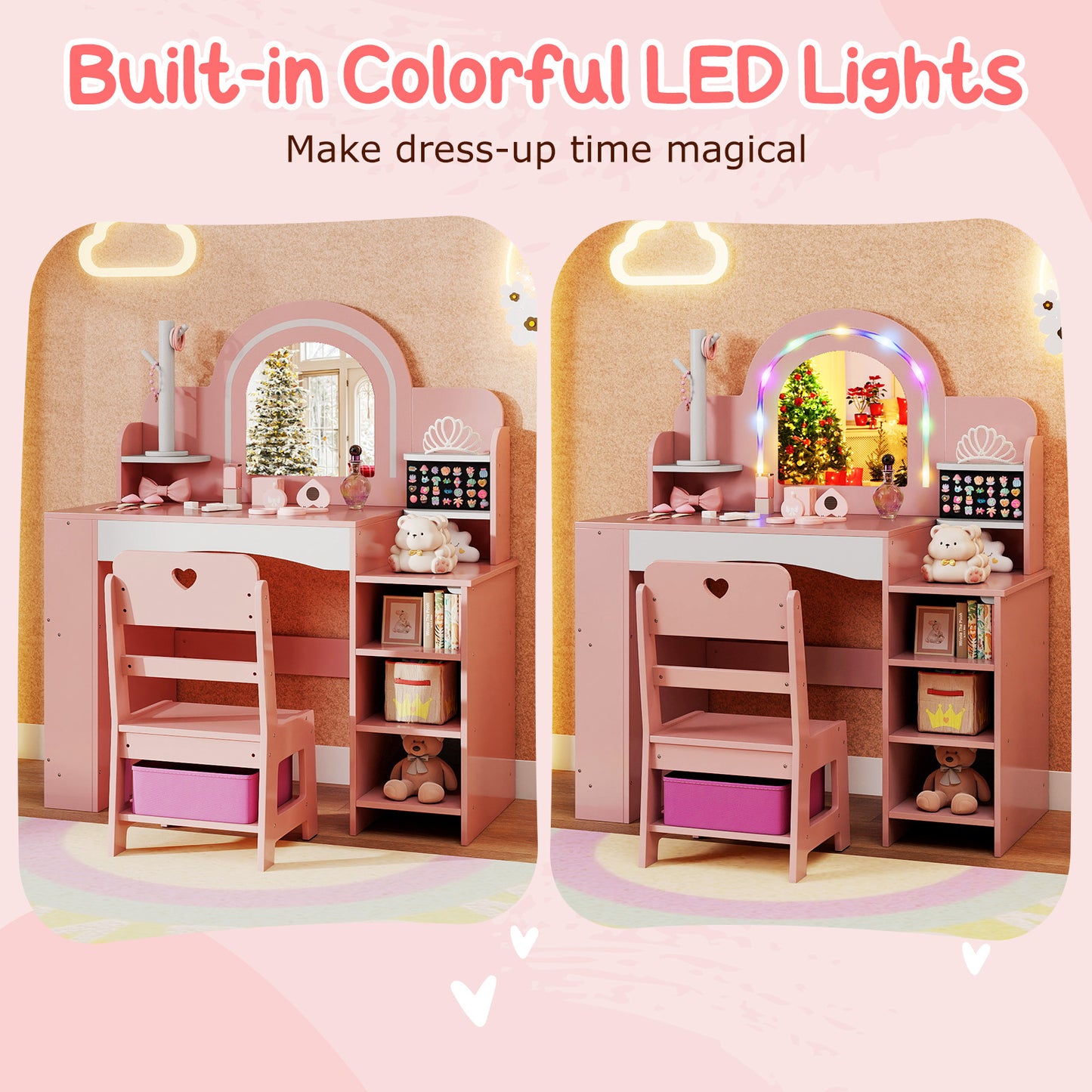 Kids Vanity Set with Colorful LED Lights Princess Makeup Dressing Table with Chair, Pink Kids Vanities at Gallery Canada