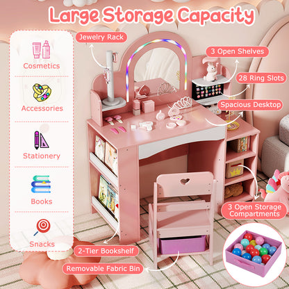 Kids Vanity Set with Colorful LED Lights Princess Makeup Dressing Table with Chair, Pink Kids Vanities at Gallery Canada