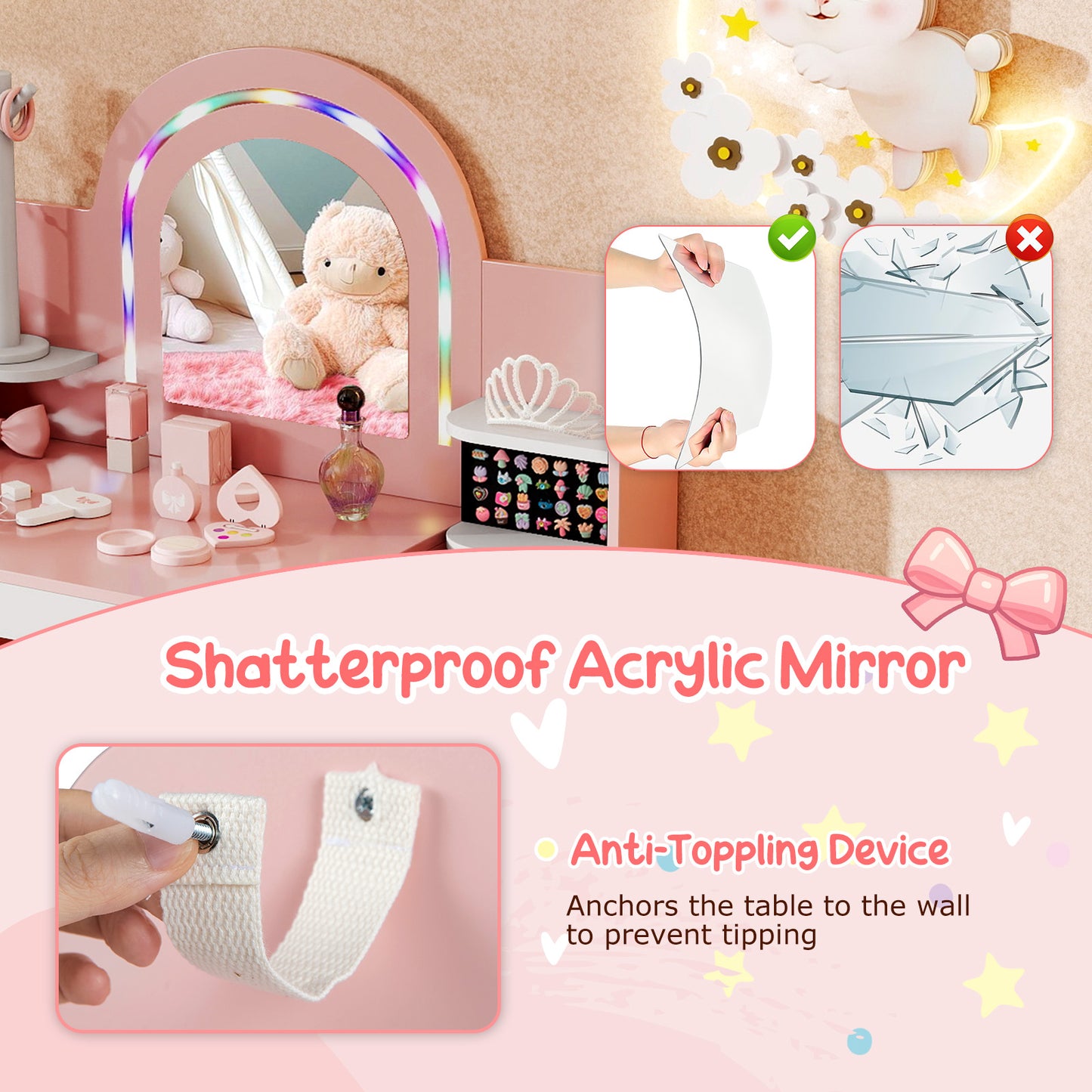 Kids Vanity Set with Colorful LED Lights Princess Makeup Dressing Table with Chair, Pink Kids Vanities at Gallery Canada