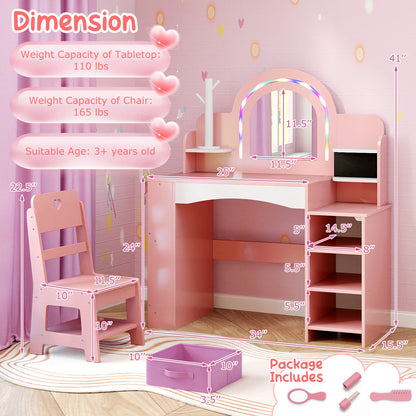 Kids Vanity Set with Colorful LED Lights Princess Makeup Dressing Table with Chair, Pink Kids Vanities at Gallery Canada