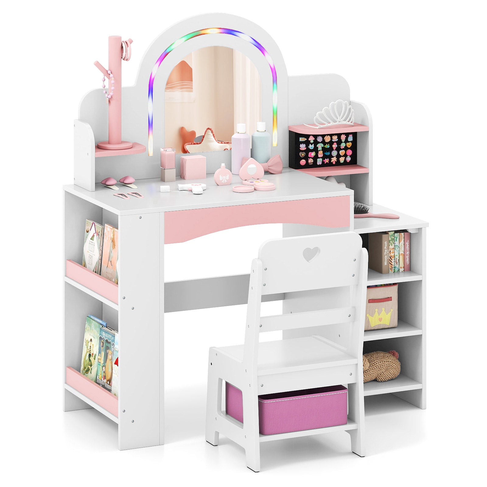 Kids Vanity Set with Colorful LED Lights Princess Makeup Dressing Table with Chair, White Kids Vanities White at Gallery Canada