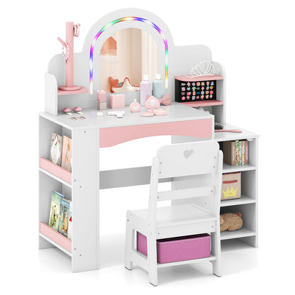 Kids Vanity Set with Colorful LED Lights Princess Makeup Dressing Table with Chair, White Kids Vanities White at Gallery Canada