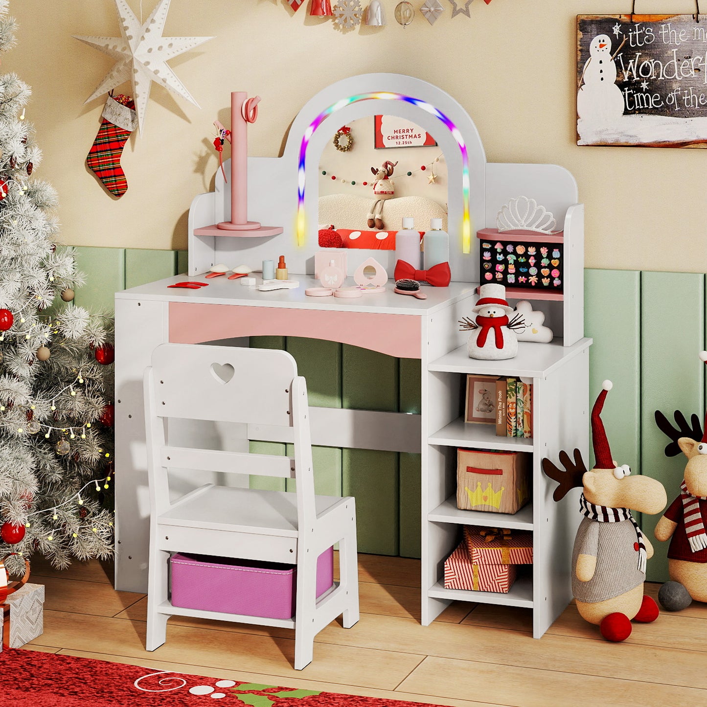 Kids Vanity Set with Colorful LED Lights Princess Makeup Dressing Table with Chair, White Kids Vanities at Gallery Canada